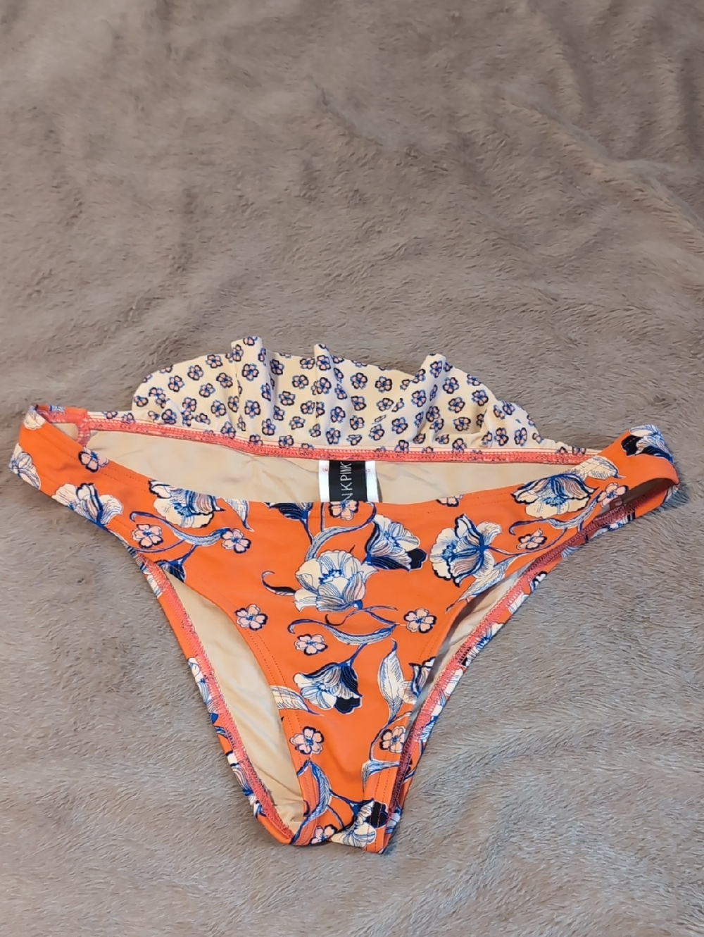 MINKPINK Orange Frilled Floral Bikini Bottoms with Blue, White, + Cream Accents